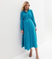 New Look Bright Blue Belted Long Sleeve Midi Shirt Dress